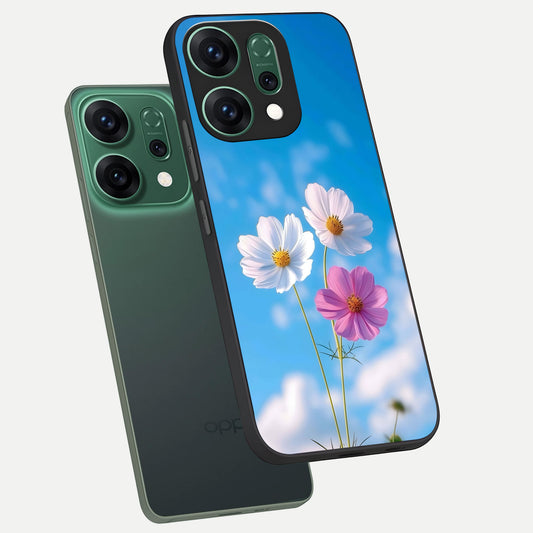  Tripple Flowers With Sky phone case For Oppo Reno 14 showing premium glass back cover with detailed artwork