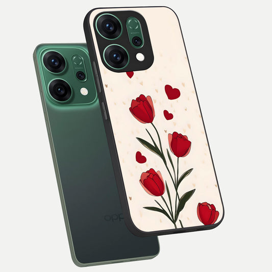  Tulip With Heart phone case For Oppo Reno 14 showing premium glass back cover with detailed artwork