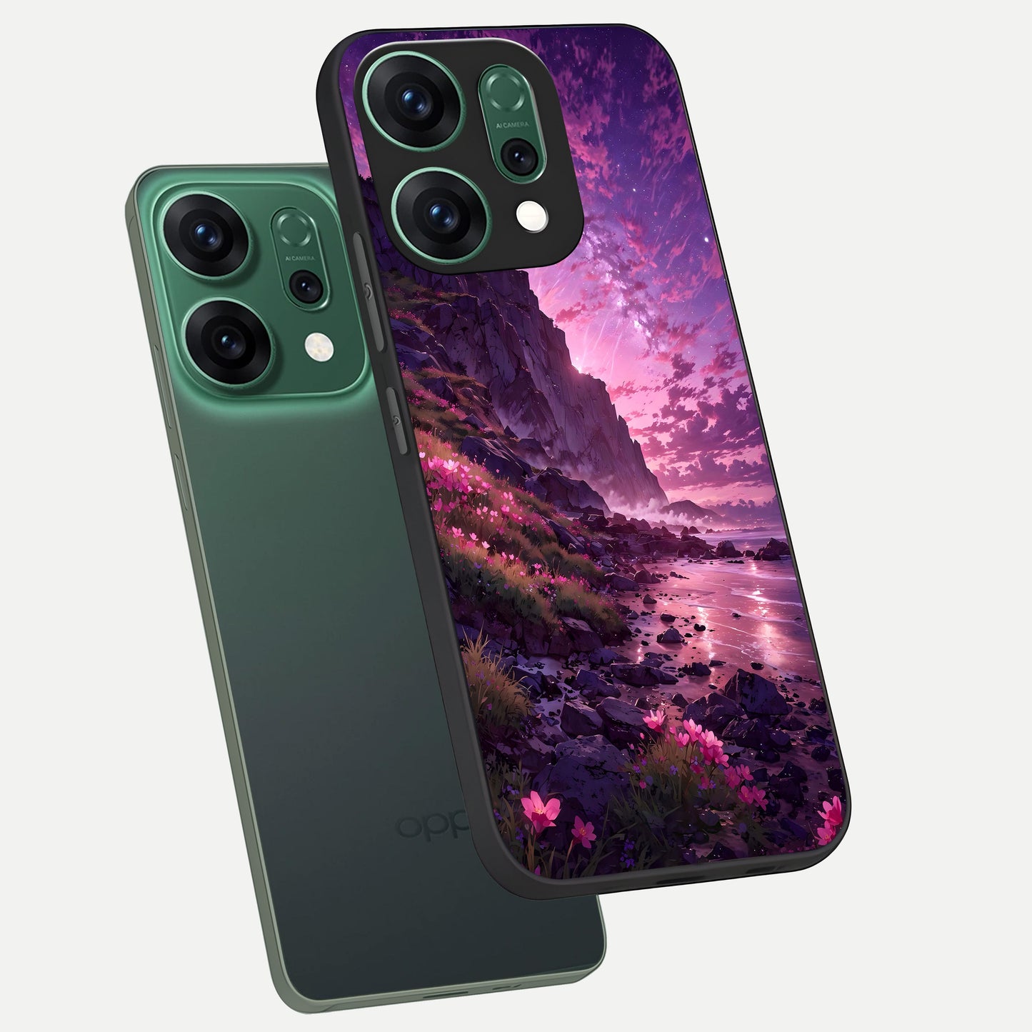  Twilight Blossom Coast phone case For Oppo Reno 14 showing premium glass back cover with detailed artwork