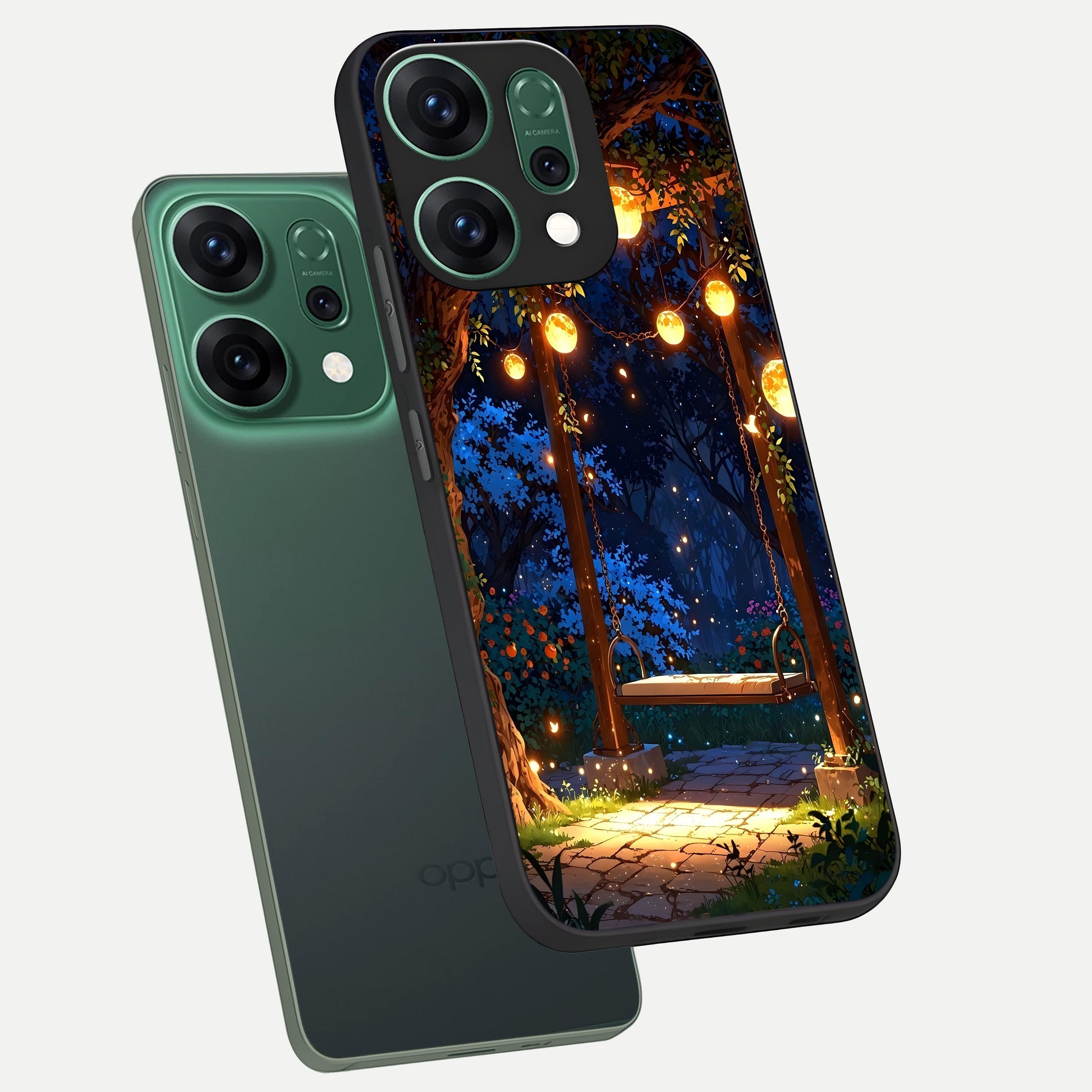  Twilight Garden Swing phone case For Oppo Reno 14 showing premium glass back cover with detailed artwork