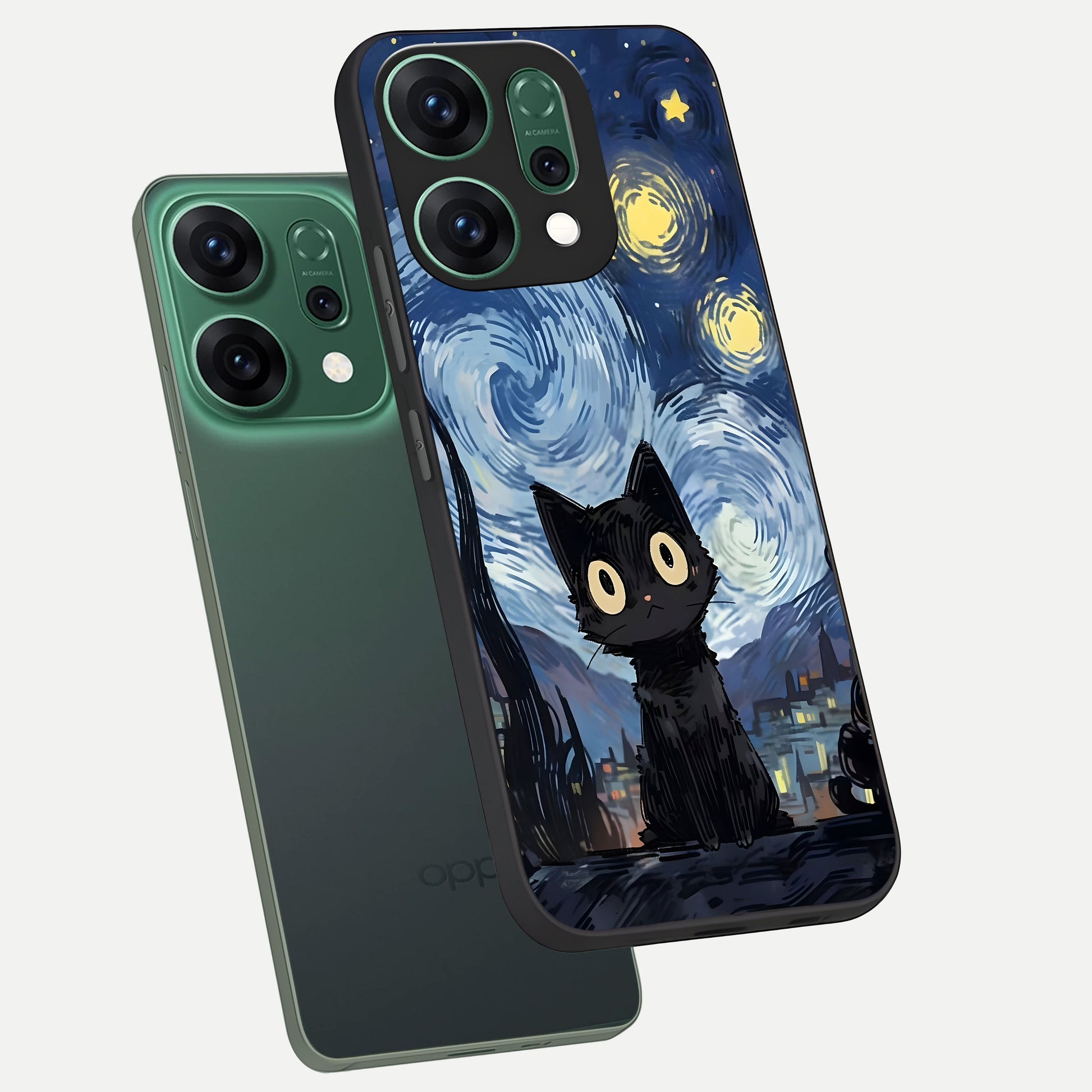  Van Gogh Cat phone case For Oppo Reno 14 showing premium glass back cover with detailed artwork