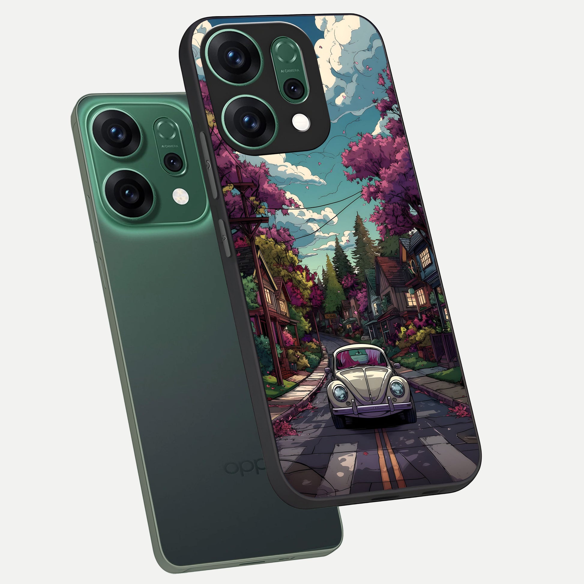 Vintage Street Drive phone case For Oppo Reno 14 showing premium glass back cover with detailed artwork