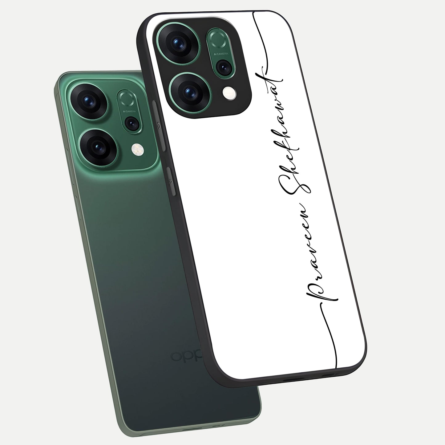  White Tune Custom Name phone case For Oppo Reno 14 showing premium custom name glass back cover