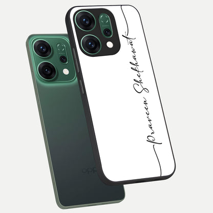  White Tune Custom Name phone case For Oppo Reno 14 showing premium custom name glass back cover