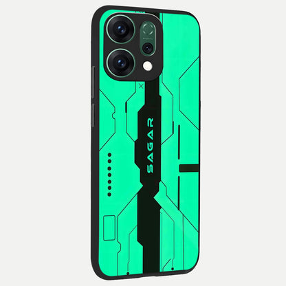  Aqua Tech CYBERPUNK Custom Name back cover For Oppo Reno 14 slim fit glass case with vibrant aesthetic design
