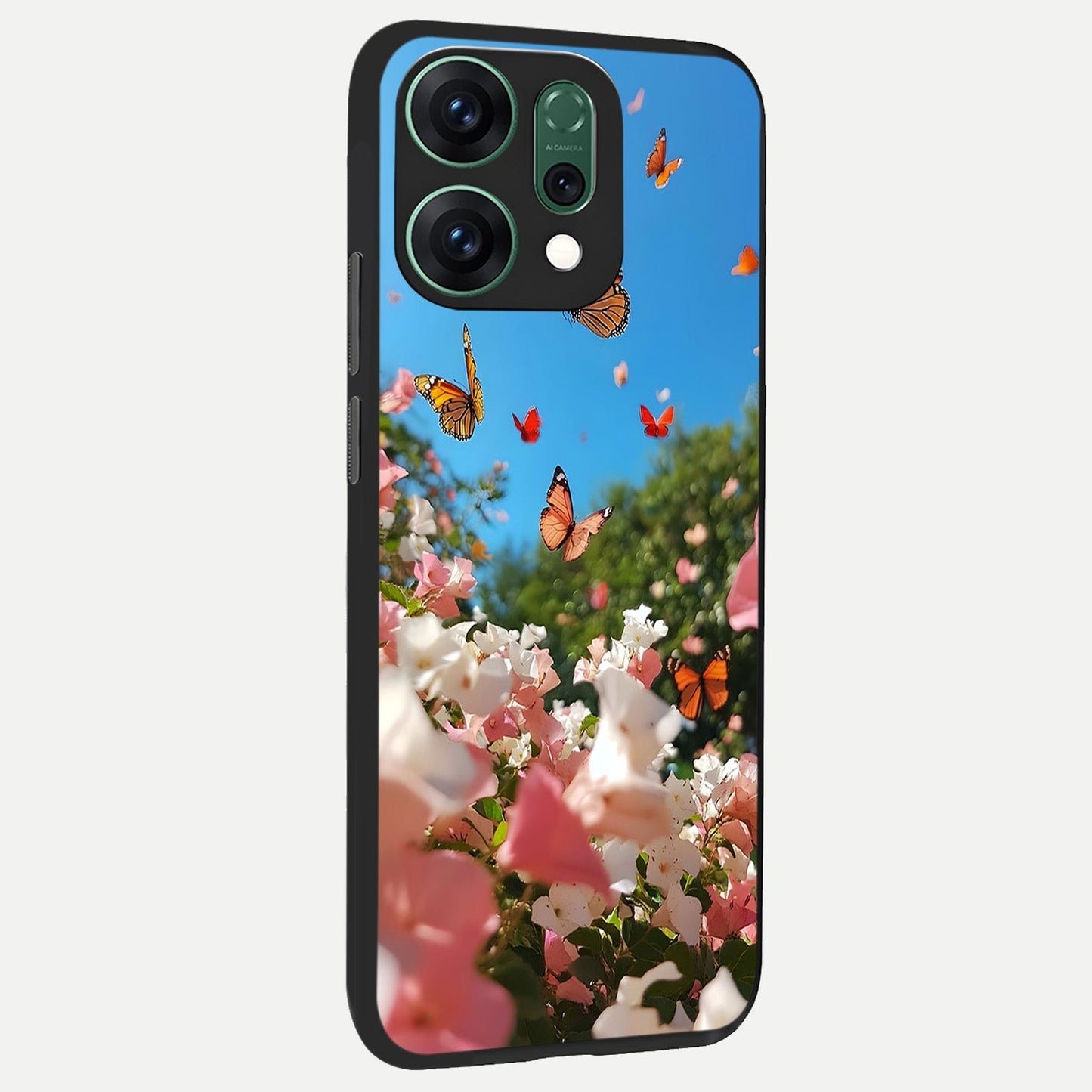  Butterflies In Bloom Sky back cover For Oppo Reno 14 slim fit glass case with vibrant aesthetic design