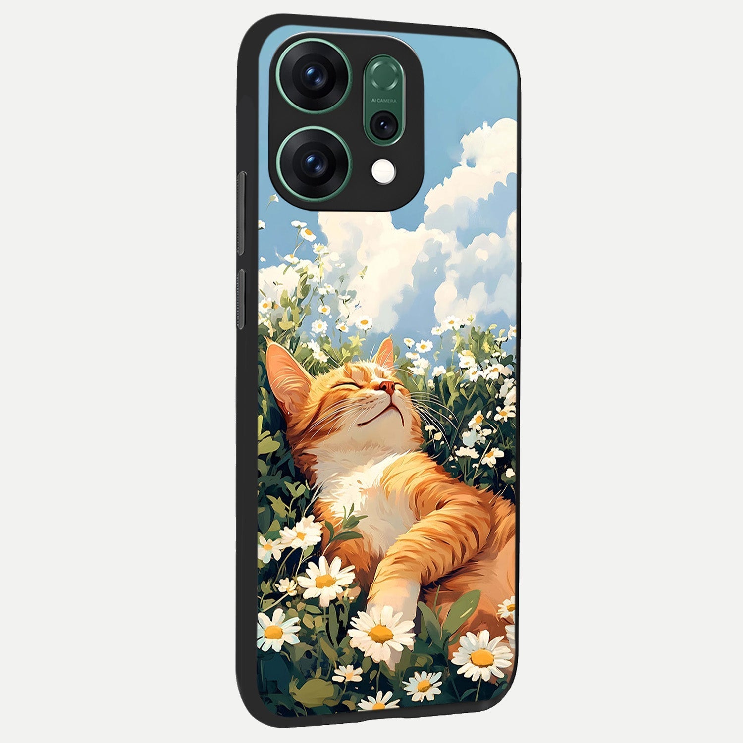  Cat And Flowers View back cover For Oppo Reno 14 slim fit glass case with vibrant aesthetic design