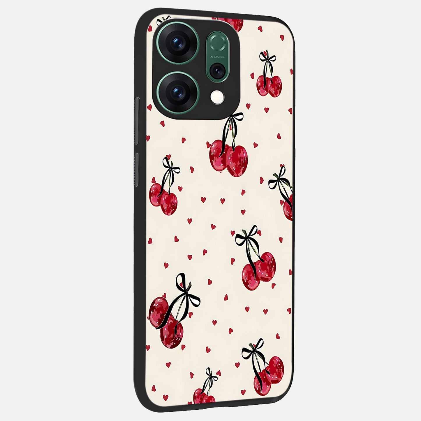  Cherry Heart Bow back cover For Oppo Reno 14 slim fit glass case with vibrant aesthetic design