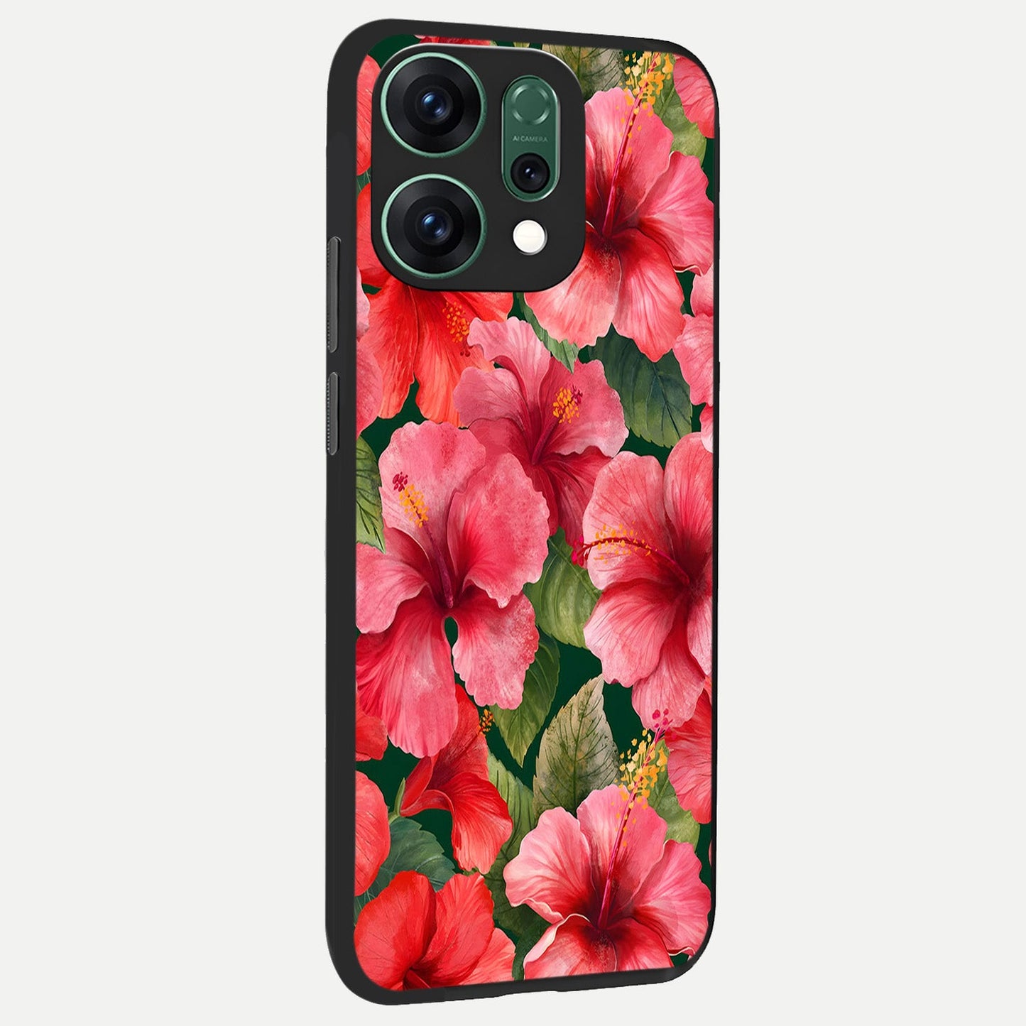  Hibiscus Pattern back cover For Oppo Reno 14 slim fit glass case with vibrant aesthetic design