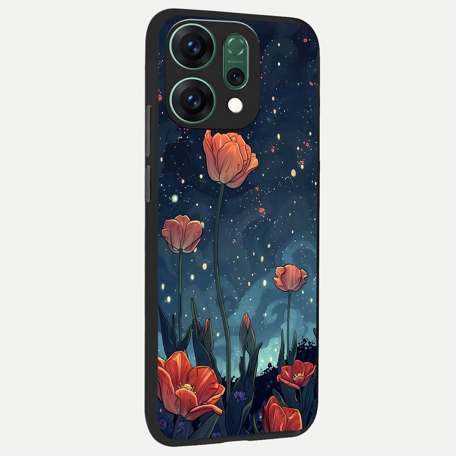  Midnight Tulip Glow back cover For Oppo Reno 14 slim fit glass case with vibrant aesthetic design