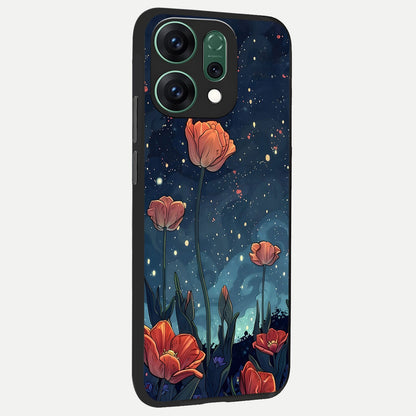  Midnight Tulip Glow back cover For Oppo Reno 14 slim fit glass case with vibrant aesthetic design