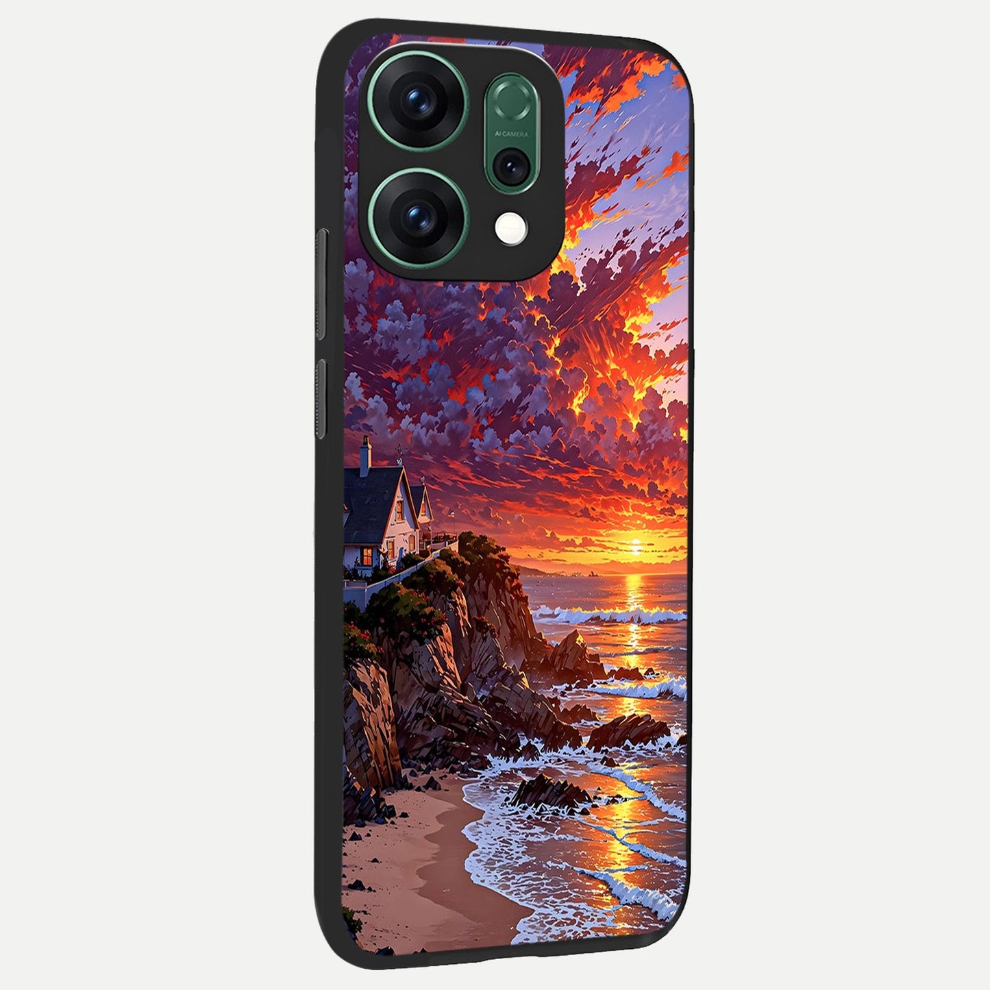  Sunset House By Sea back cover For Oppo Reno 14 slim fit glass case with vibrant aesthetic design