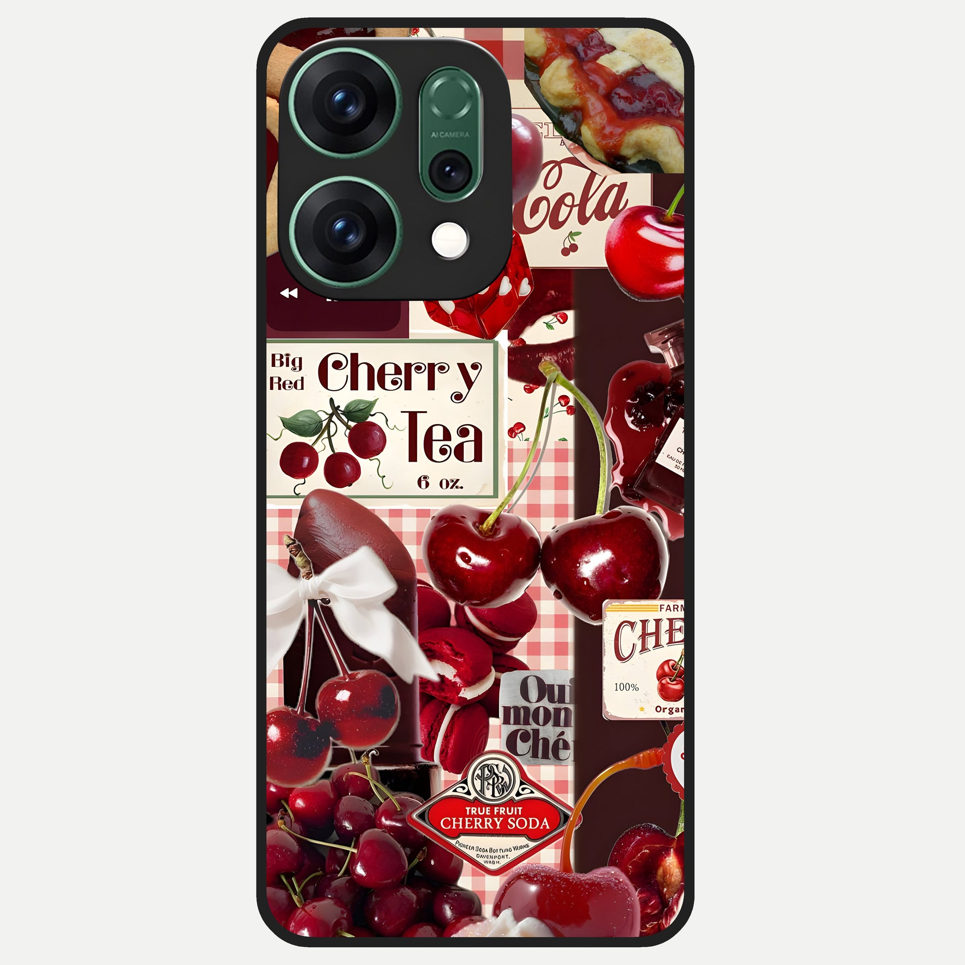  Aesthetic Cherry Tea Glass Case For Oppo Reno 14 back cover – full design glossy printed glass finish