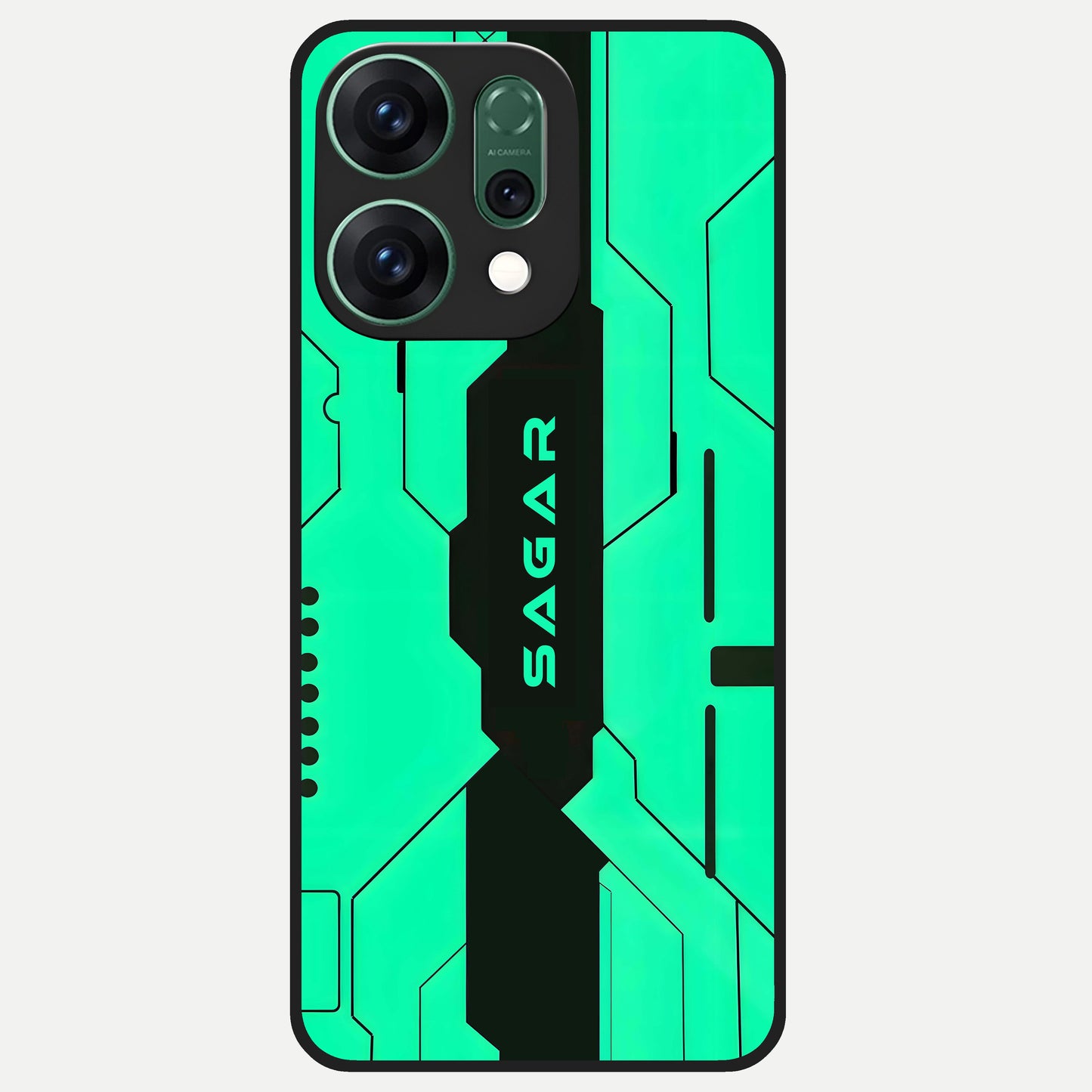  Aqua Tech CYBERPUNK Custom Name Glass Case For Oppo Reno 14 back cover – full design glossy printed glass finish