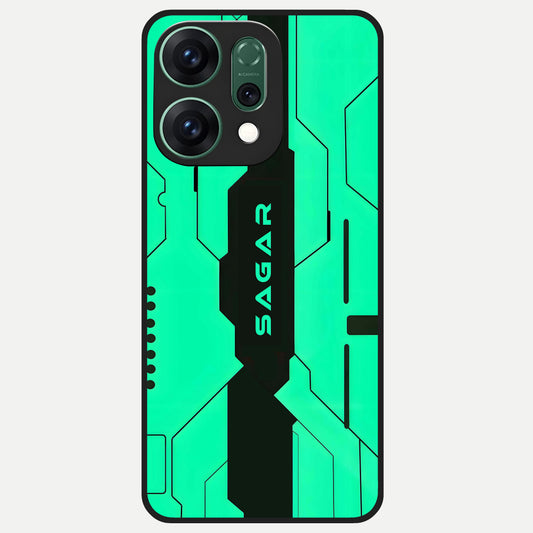  Aqua Tech CYBERPUNK Custom Name Glass Case For Oppo Reno 14 back cover – full design glossy printed glass finish