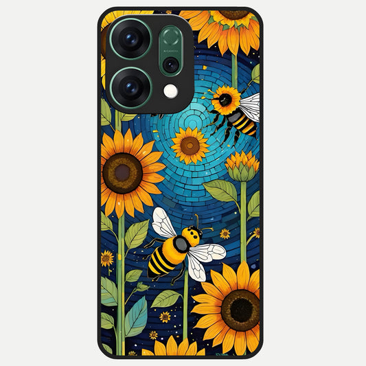  Bees And Sunflowers Glass Case For Oppo Reno 14 back cover – full design glossy printed glass finish