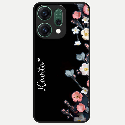  Black Elegance Floral Custom Name Glass Case For Oppo Reno 14 back cover – full design glossy printed glass finish