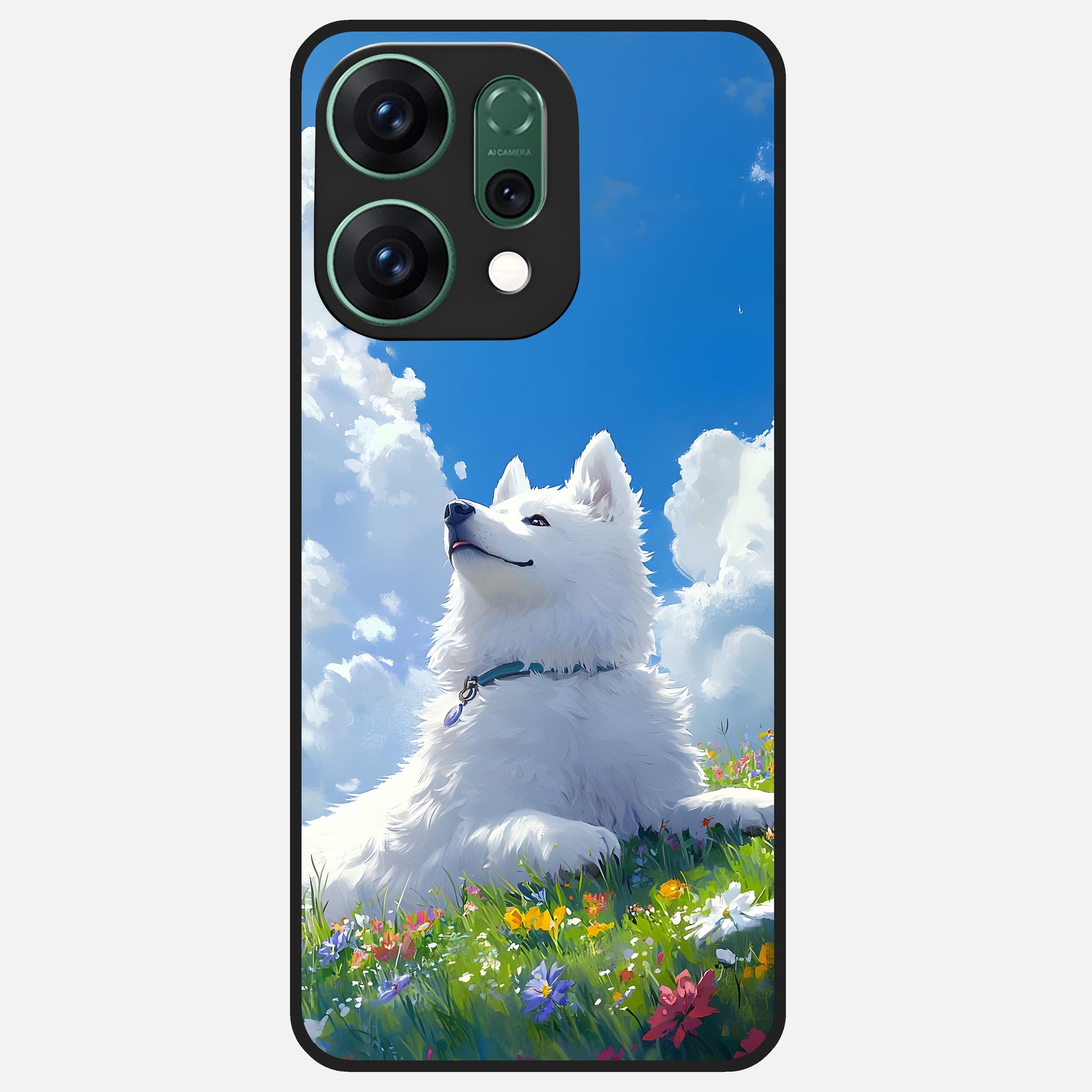  Blissful Cloud Pup Glass Case For Oppo Reno 14 back cover – full design glossy printed glass finish