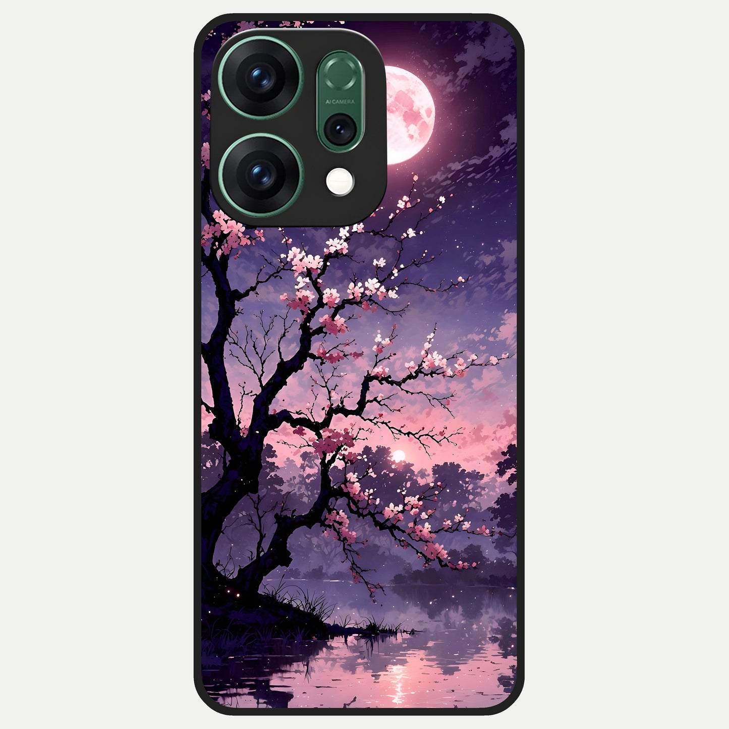  Blossom Pink Moon Glass Case For Oppo Reno 14 back cover – full design glossy printed glass finish