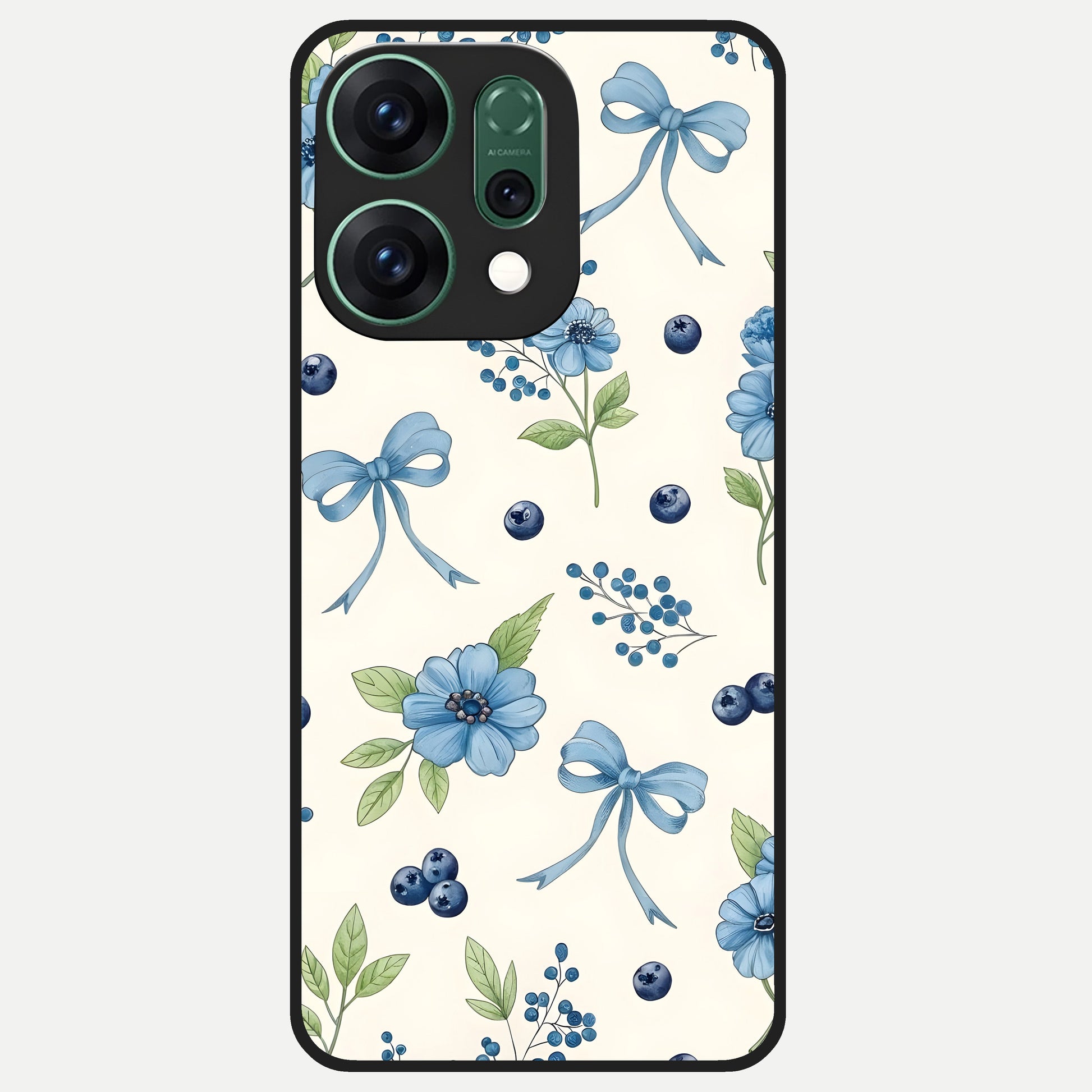  Blue Flower And Bow Glass Case For Oppo Reno 14 back cover – full design glossy printed glass finish