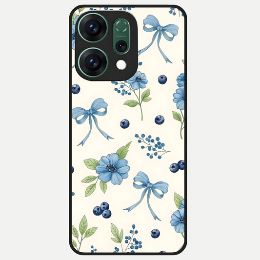  Blue Flower And Bow Glass Case For Oppo Reno 14 back cover – full design glossy printed glass finish