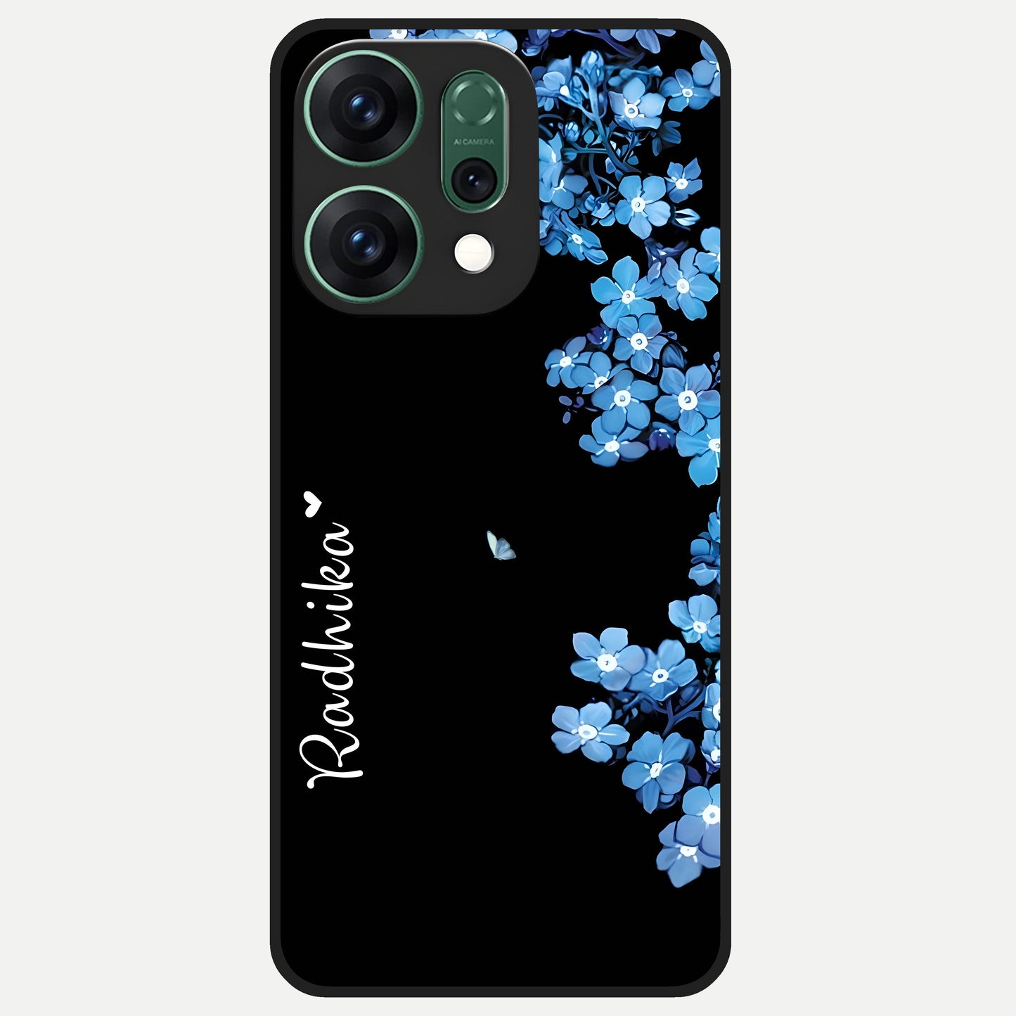  Blue Petal Dream Custom Name Glass Case For Oppo Reno 14 back cover – full design glossy printed glass finish