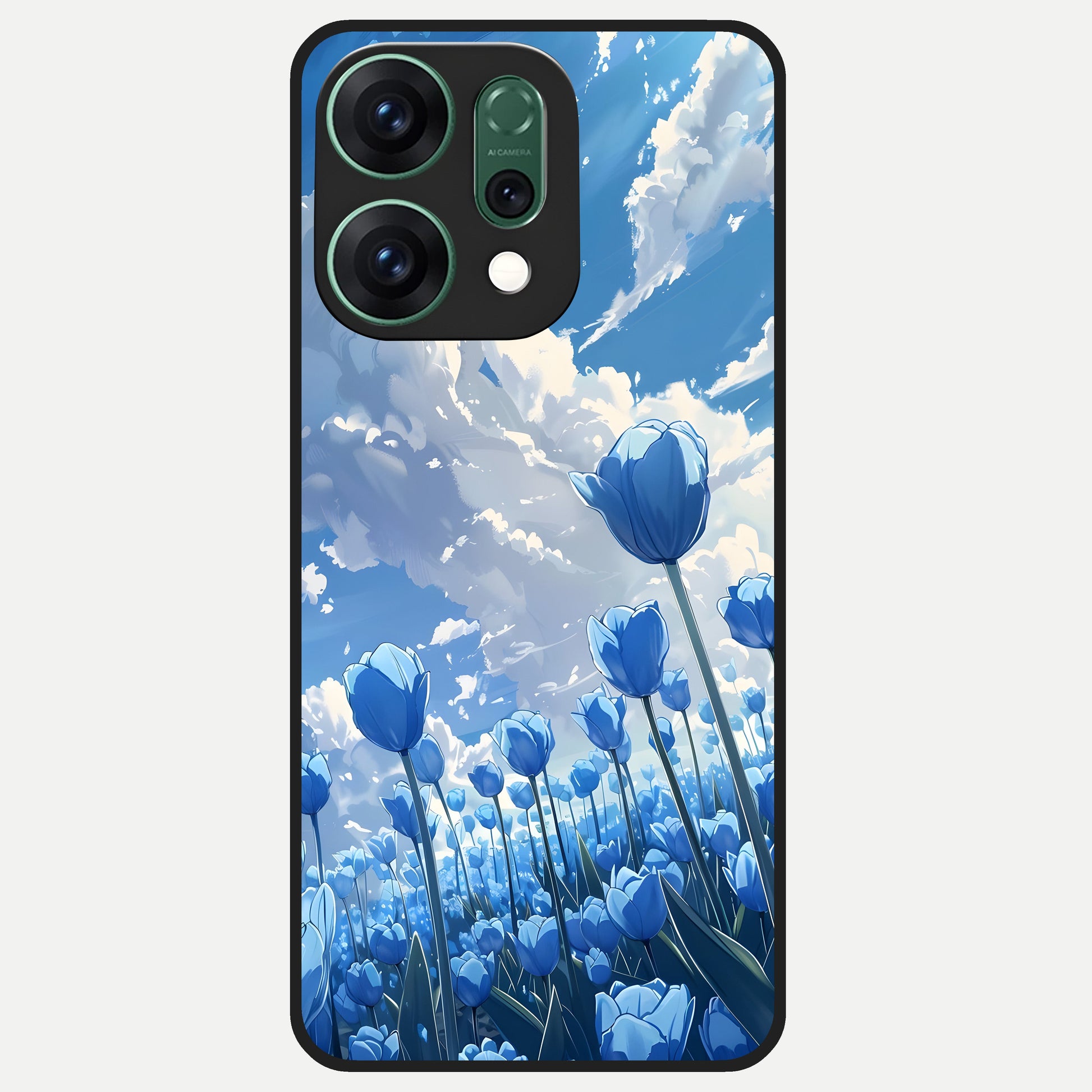  Blue Tulip Clouds Glass Case For Oppo Reno 14 back cover – full design glossy printed glass finish