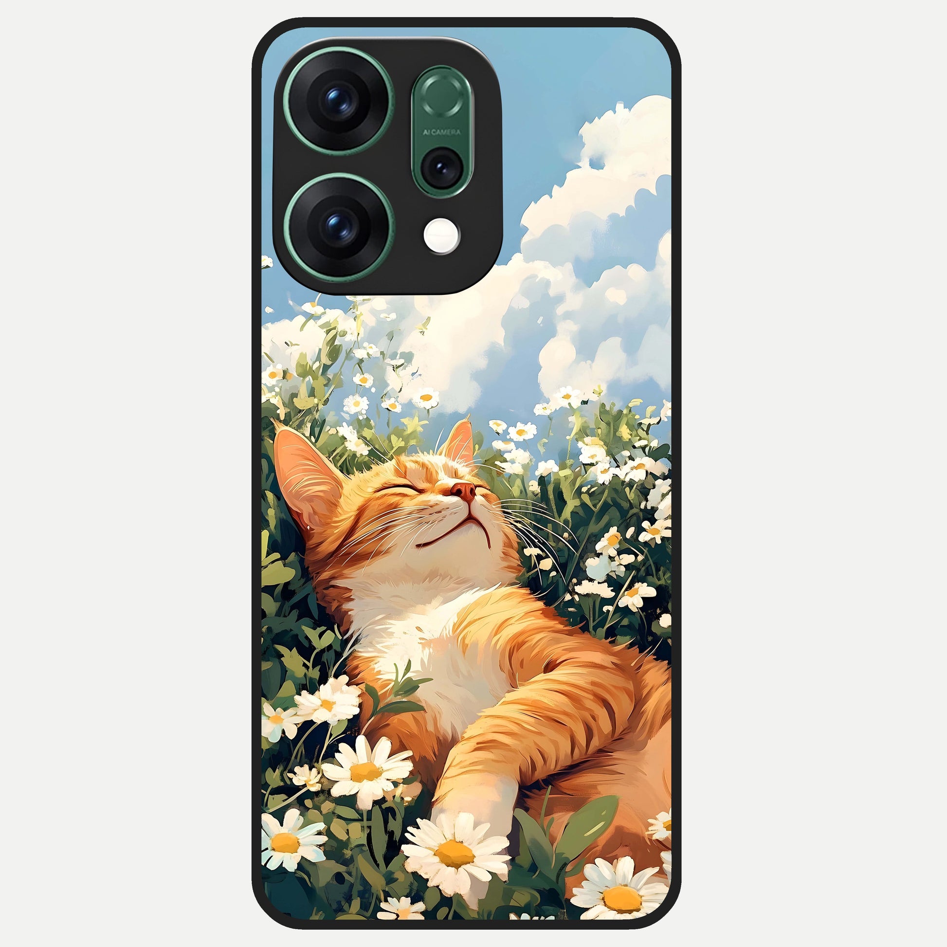 Cat And Flowers View Glass Case For Oppo Reno 14 back cover – full design glossy printed glass finish