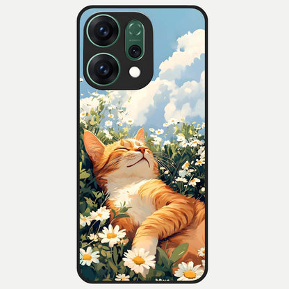  Cat And Flowers View Glass Case For Oppo Reno 14 back cover – full design glossy printed glass finish