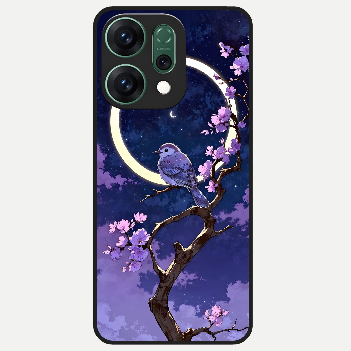  Celestial Bird Blossom Glass Case For Oppo Reno 14 back cover – full design glossy printed glass finish