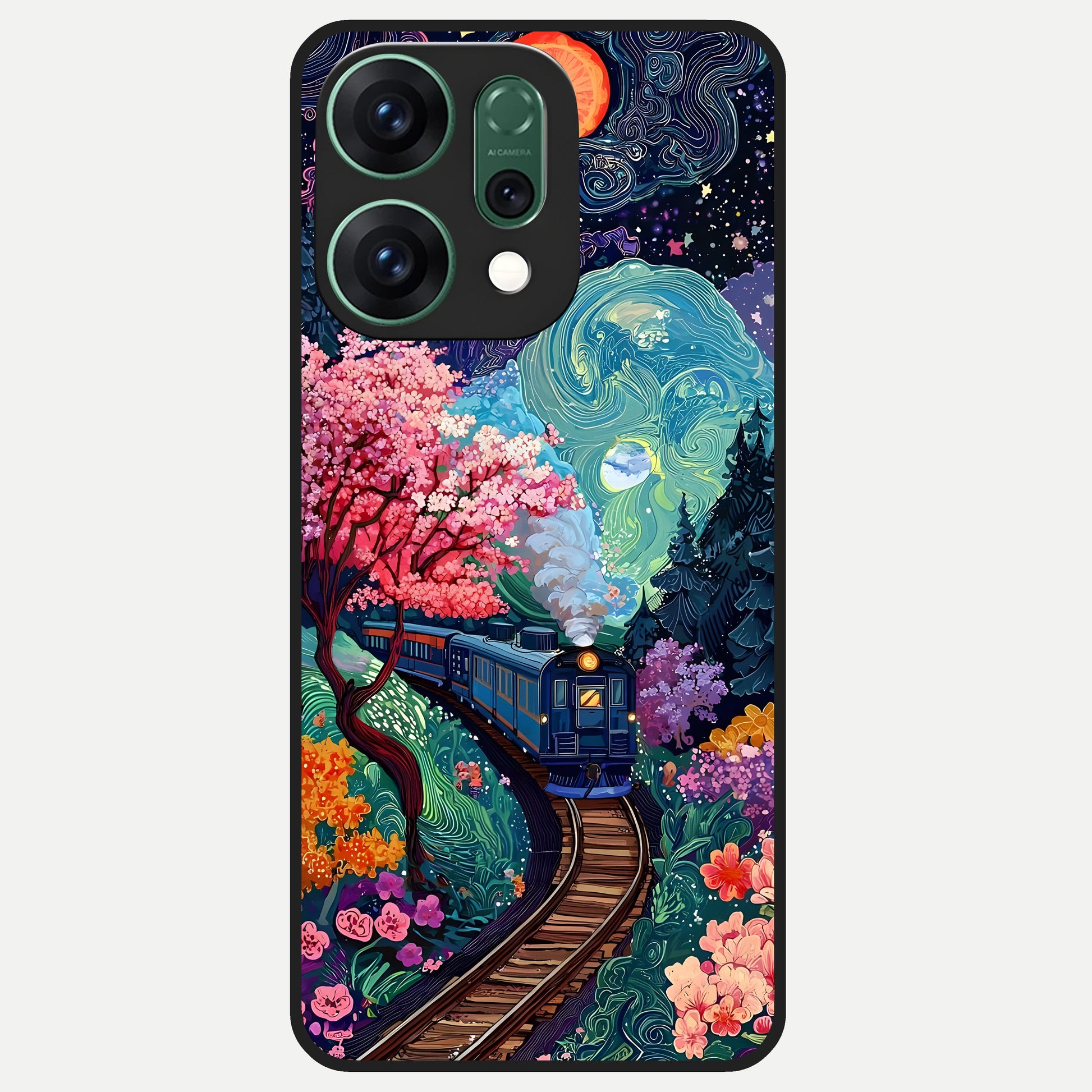  Celestial Train Journey Glass Case For Oppo Reno 14 back cover – full design glossy printed glass finish
