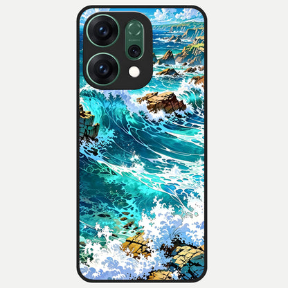  Coastal Blue Waves Glass Case For Oppo Reno 14 back cover – full design glossy printed glass finish