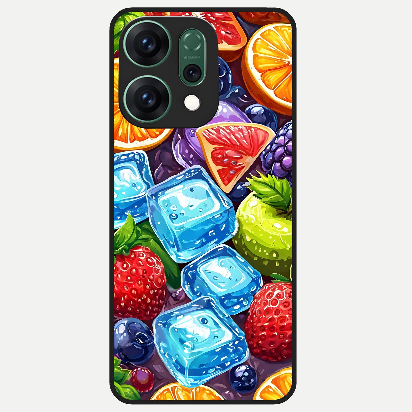  Colorful Fruits with Ice Glass Case For Oppo Reno 14 back cover – full design glossy printed glass finish