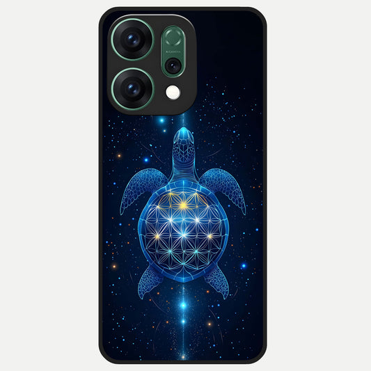  Crimson Blue Turtle Glass Case For Oppo Reno 14 back cover – full design glossy printed glass finish