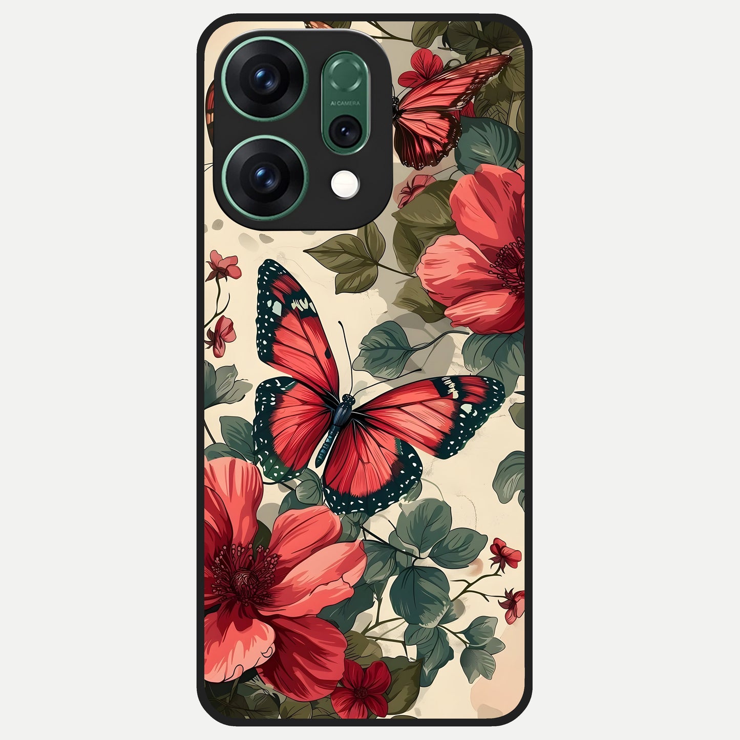  Crimson Butterfly Garden Glass Case For Oppo Reno 14 back cover – full design glossy printed glass finish