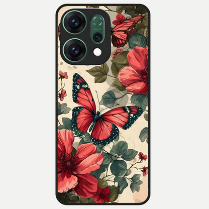  Crimson Butterfly Garden Glass Case For Oppo Reno 14 back cover – full design glossy printed glass finish