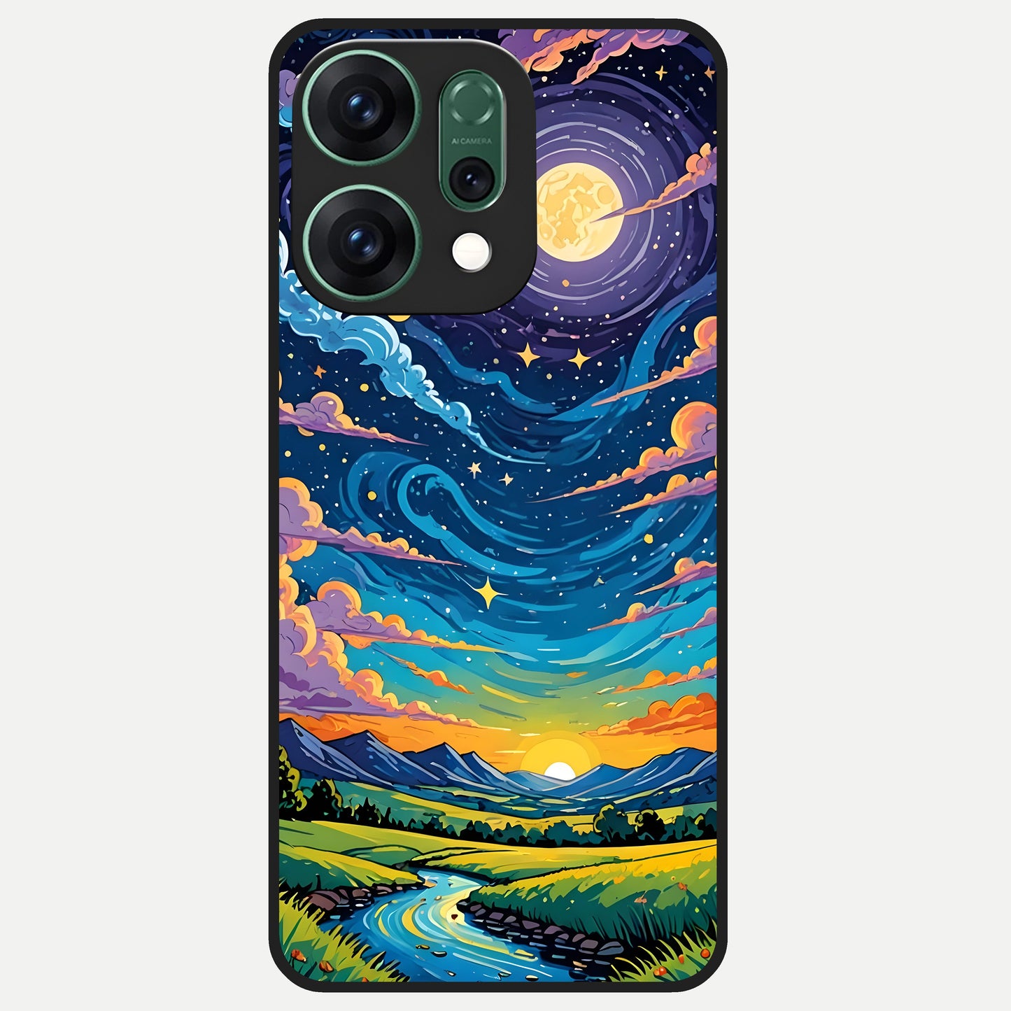  Dreamy Night Landscape Glass Case For Oppo Reno 14 back cover – full design glossy printed glass finish