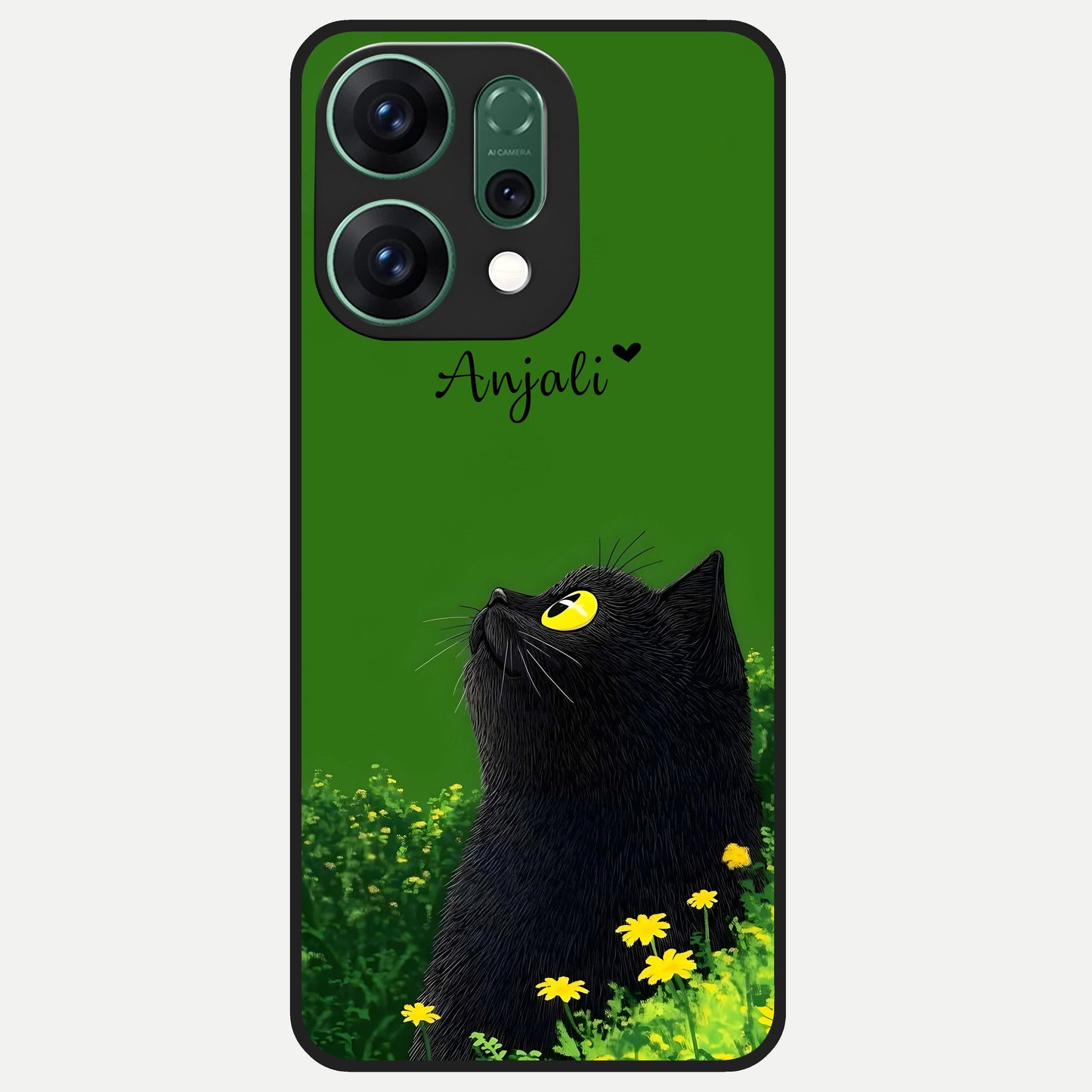  Emerald Cat Custom Name Glass Case For Oppo Reno 14 back cover – full design glossy printed glass finish