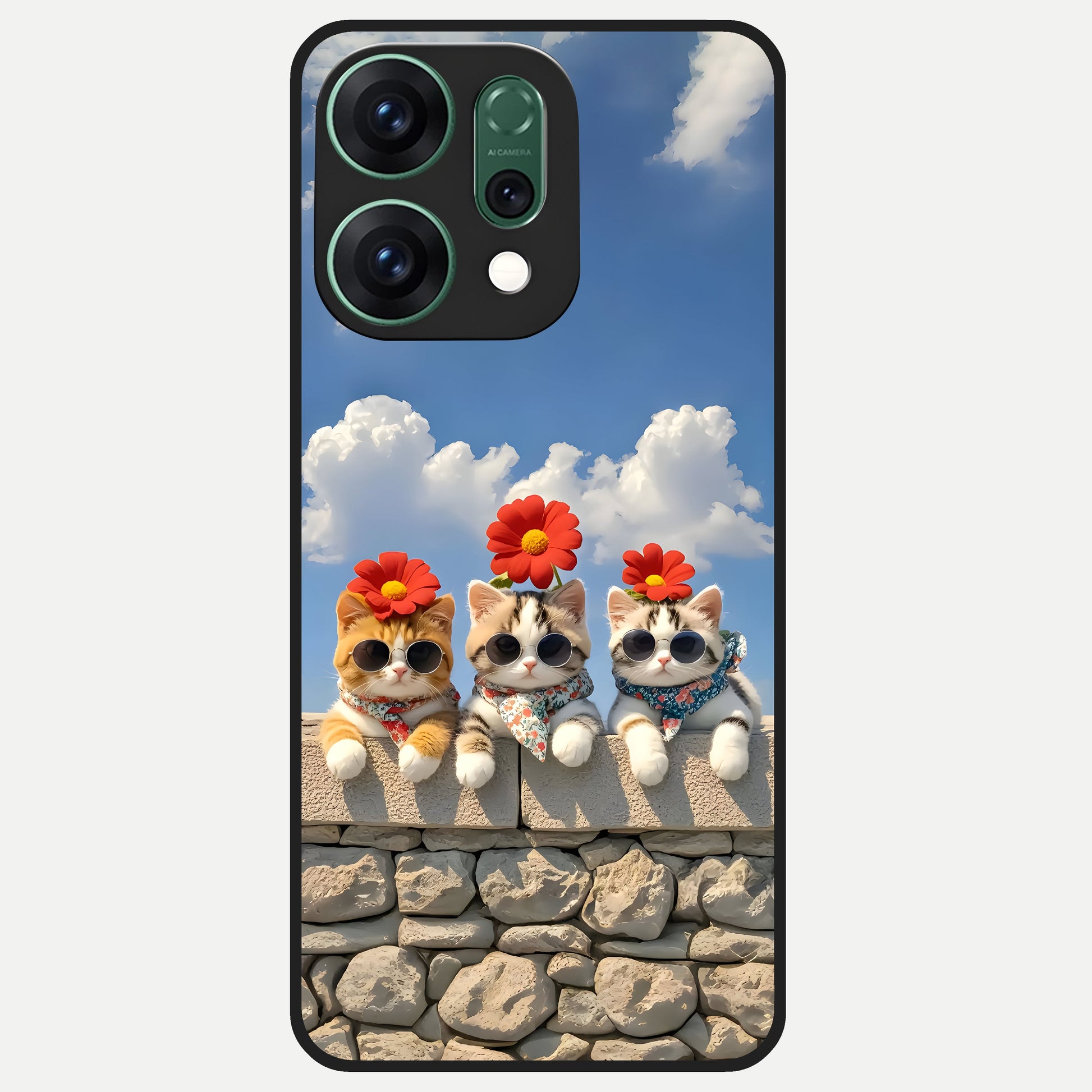  Floral Kitty Squad Glass Case For Oppo Reno 14 back cover – full design glossy printed glass finish