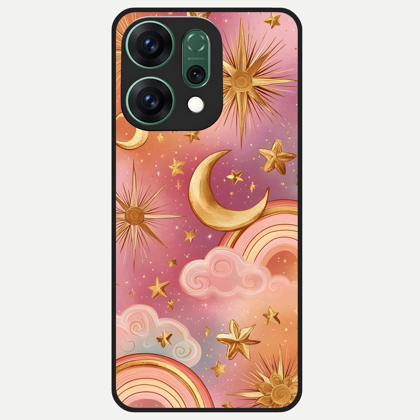 Golden Celestial Dreams Glass Case For Oppo Reno 14 back cover – full design glossy printed glass finish
