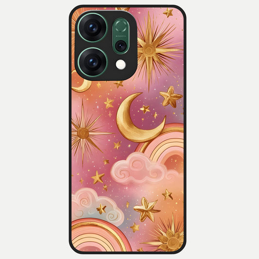  Golden Celestial Dreams Glass Case For Oppo Reno 14 back cover – full design glossy printed glass finish
