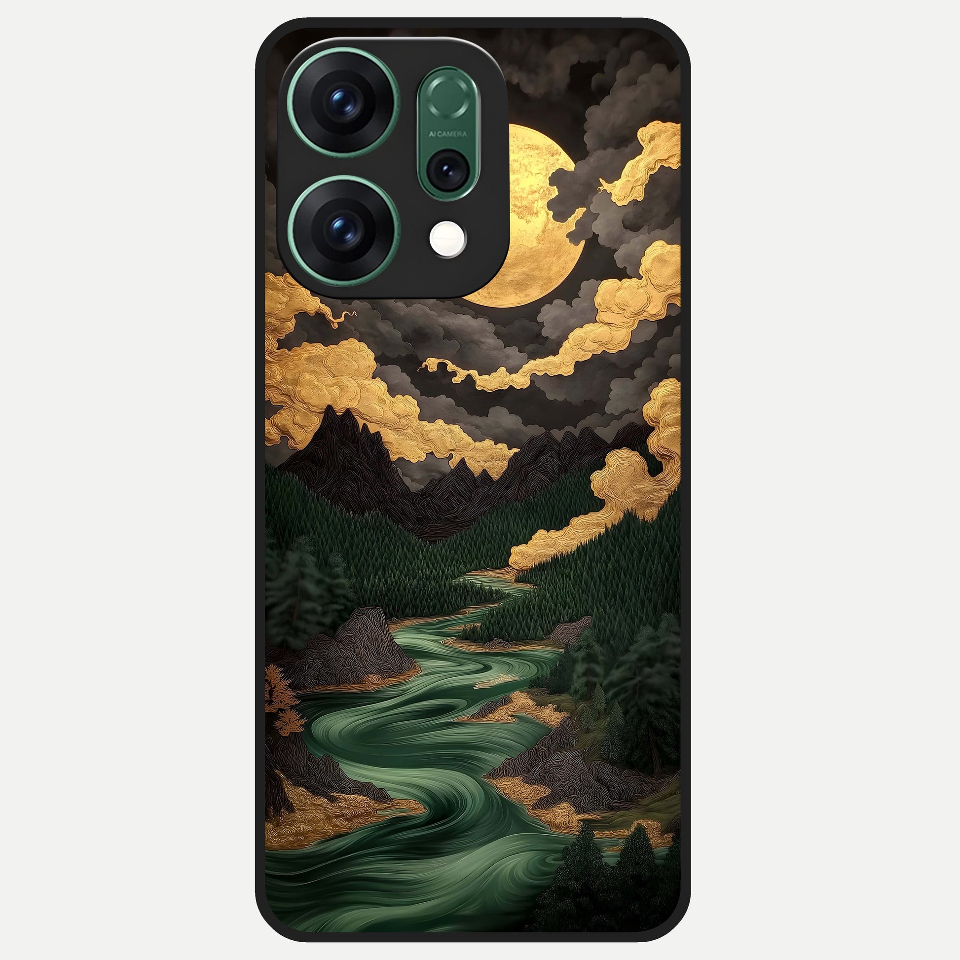  Golden River Moon Glass Case For Oppo Reno 14 back cover – full design glossy printed glass finish