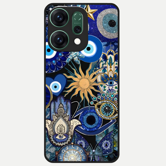  Mystic Blue Evil Eye Glass Case For Oppo Reno 14 back cover – full design glossy printed glass finish