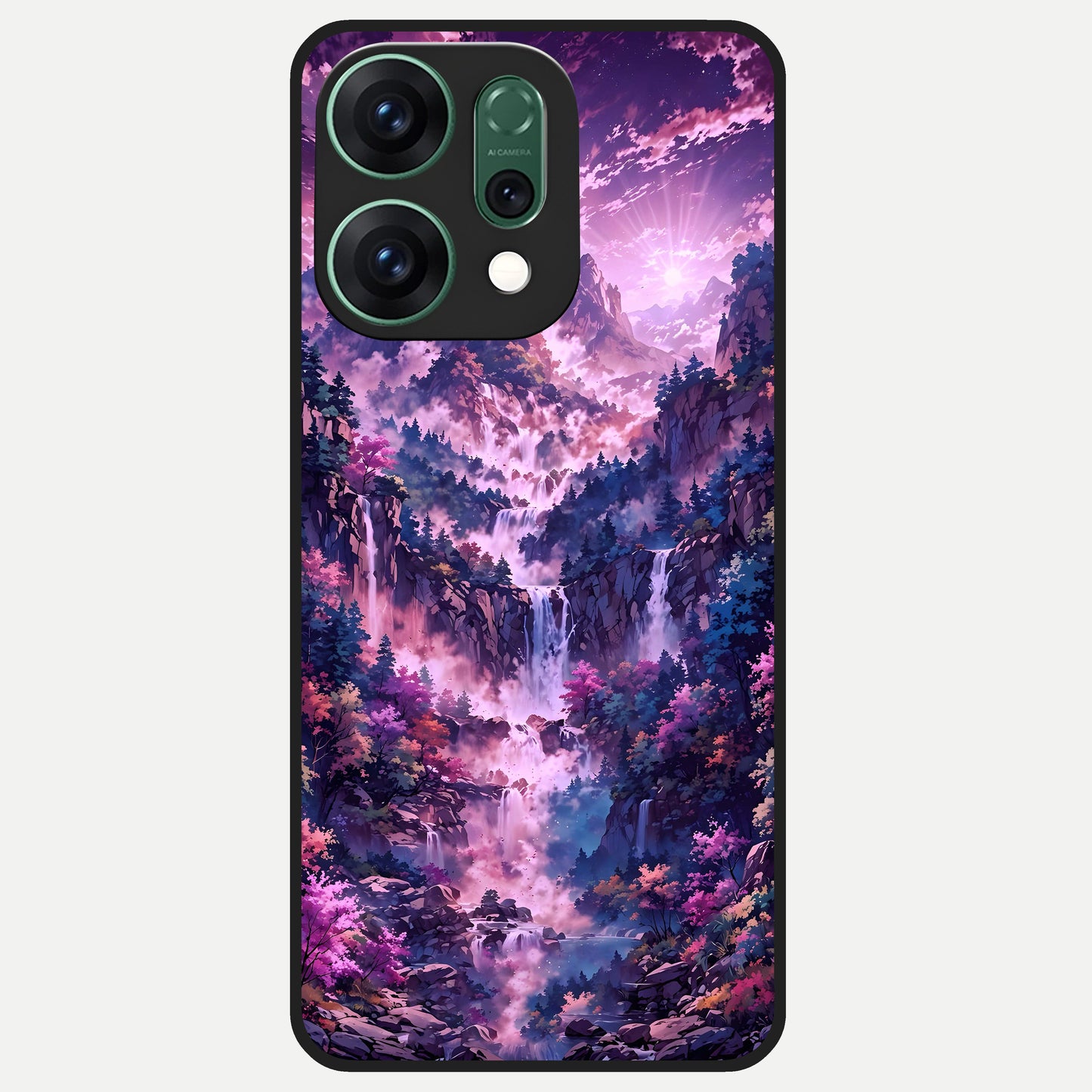  Mystic Cascade Peaks Glass Case For Oppo Reno 14 back cover – full design glossy printed glass finish