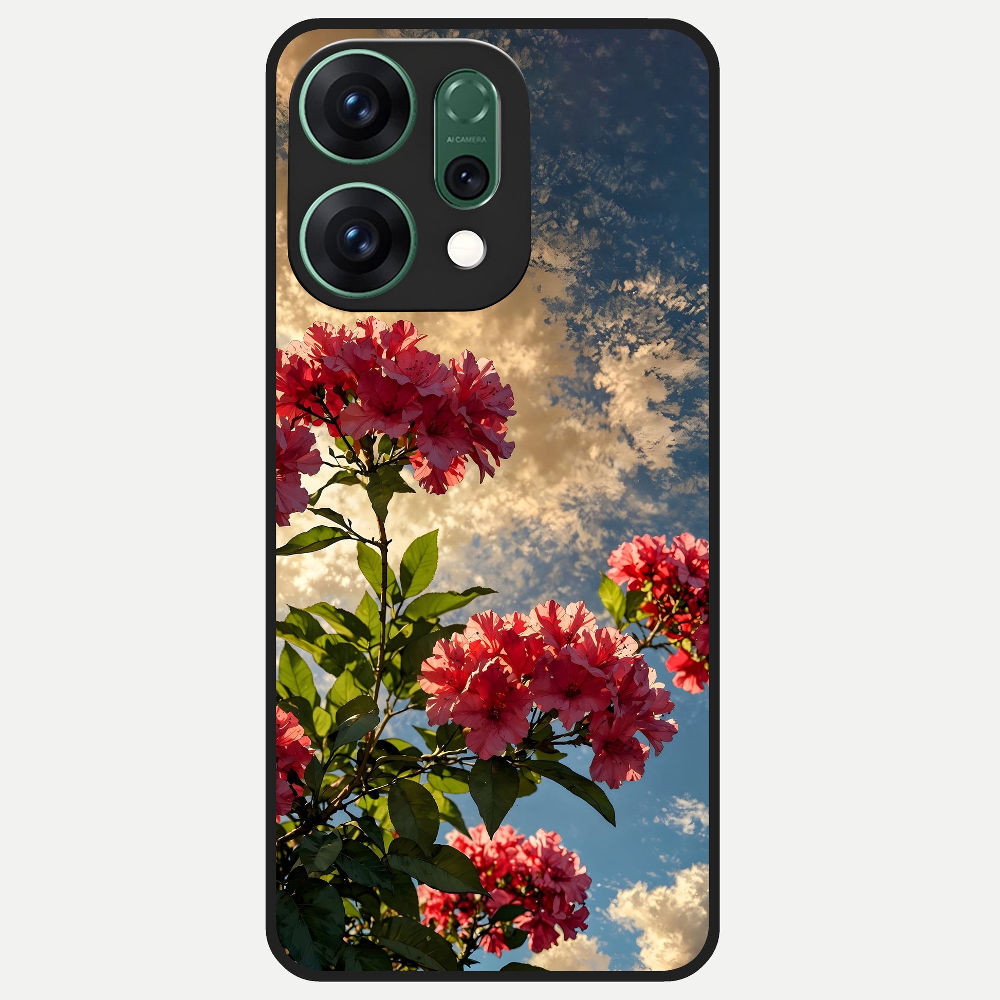  Red Bloom Skies Glass Case For Oppo Reno 14 back cover – full design glossy printed glass finish