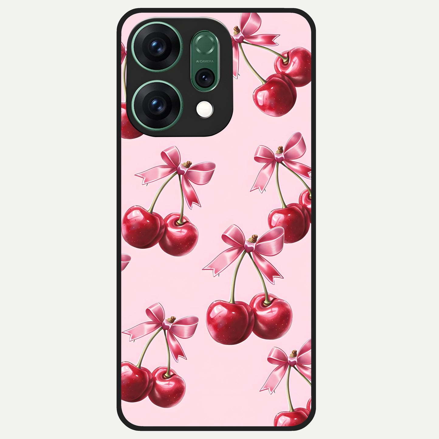  Red Cherries Pattern Glass Case For Oppo Reno 14 back cover – full design glossy printed glass finish