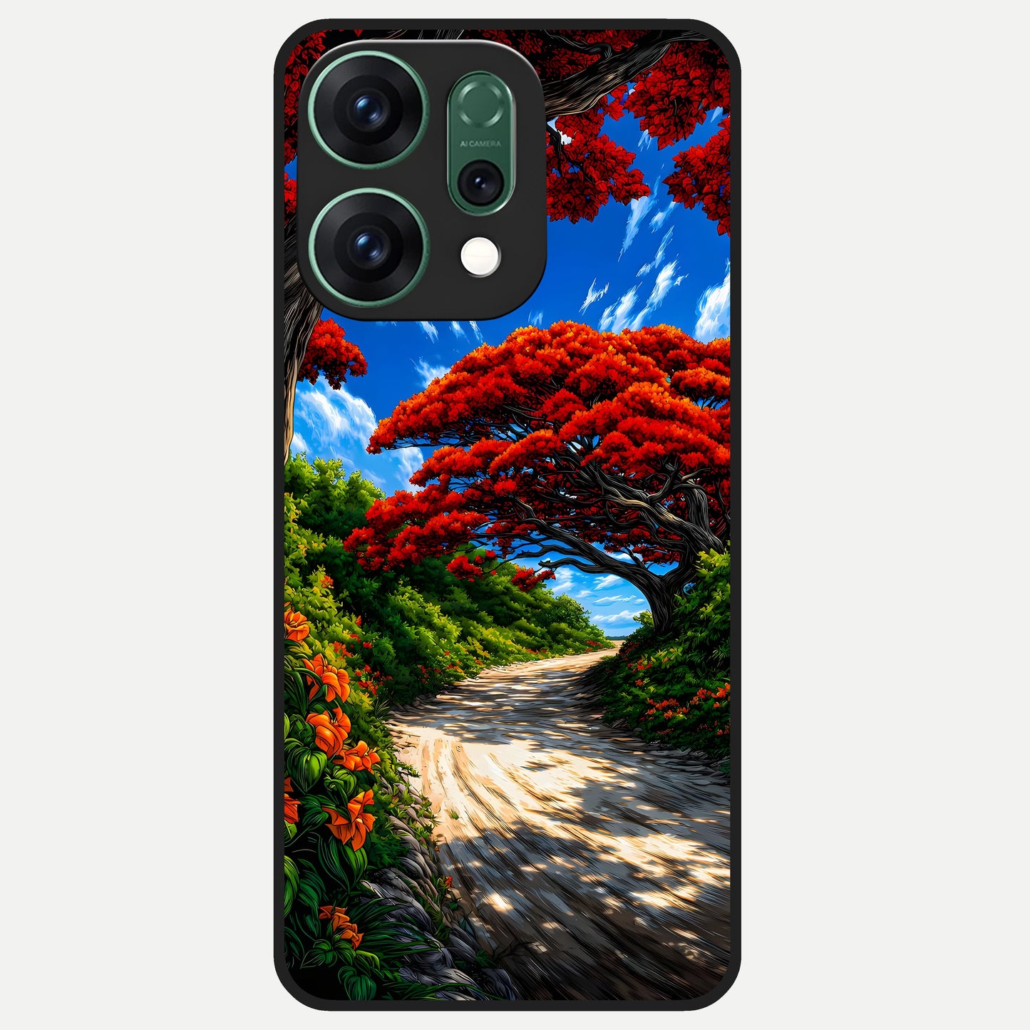  Red Trees Pathway Glass Case For Oppo Reno 14 back cover – full design glossy printed glass finish