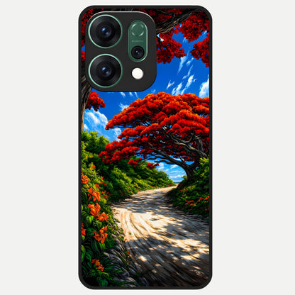  Red Trees Pathway Glass Case For Oppo Reno 14 back cover – full design glossy printed glass finish