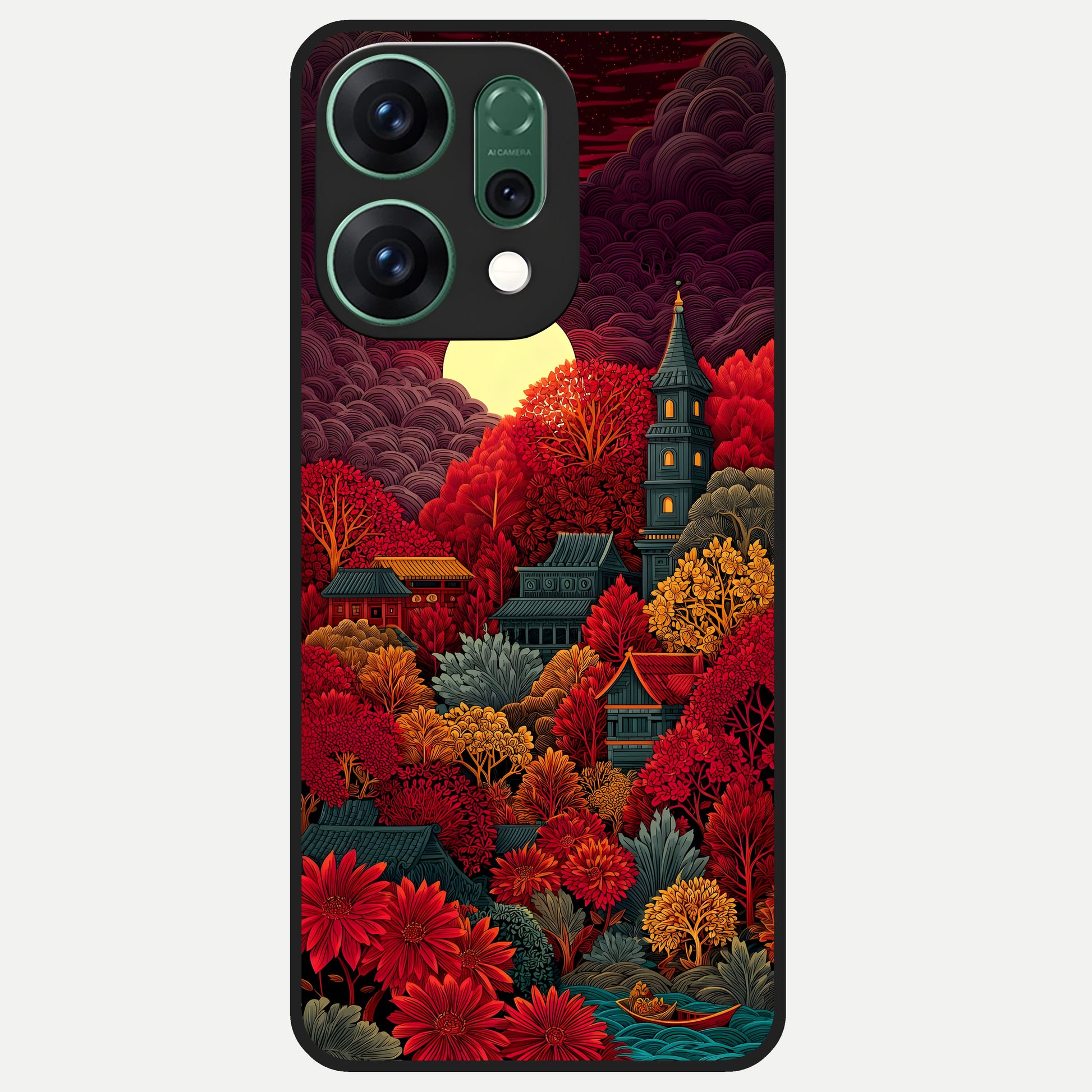  Scarlet Autumn Temple Glass Case For Oppo Reno 14 back cover – full design glossy printed glass finish