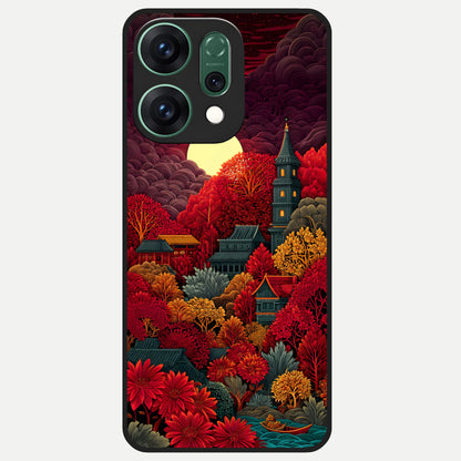  Scarlet Autumn Temple Glass Case For Oppo Reno 14 back cover – full design glossy printed glass finish